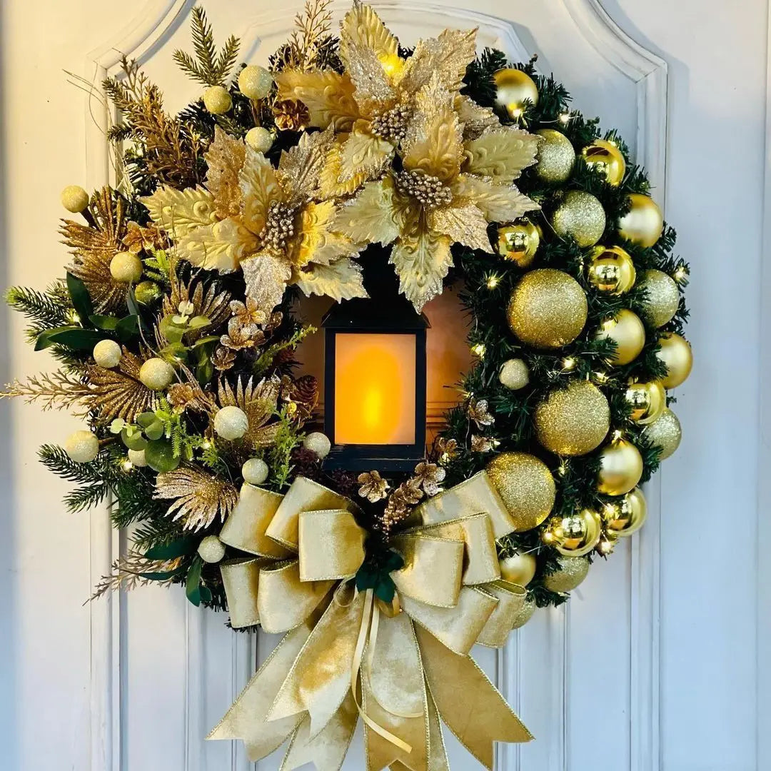 Christmas Wreath With Lamp For Front Door Bow Ball